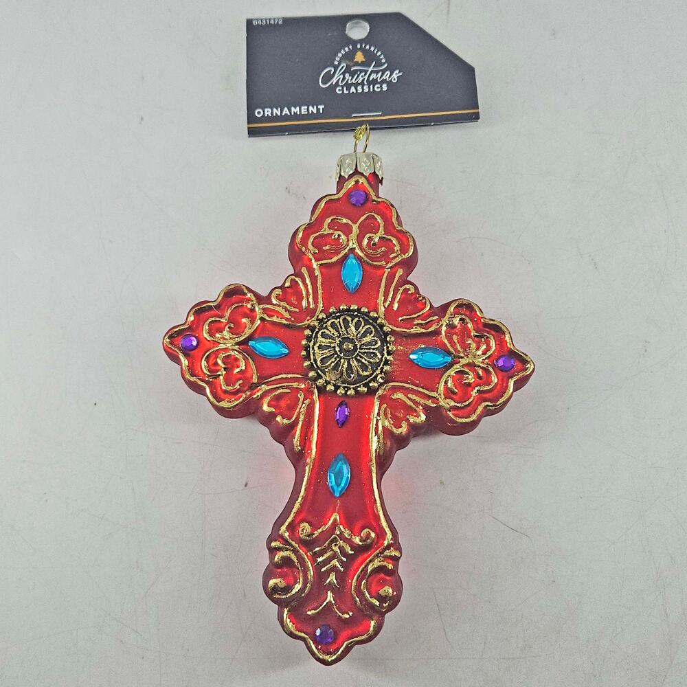 Red blown glass ornate jeweled cross crucifix Glass Christmas Ornament